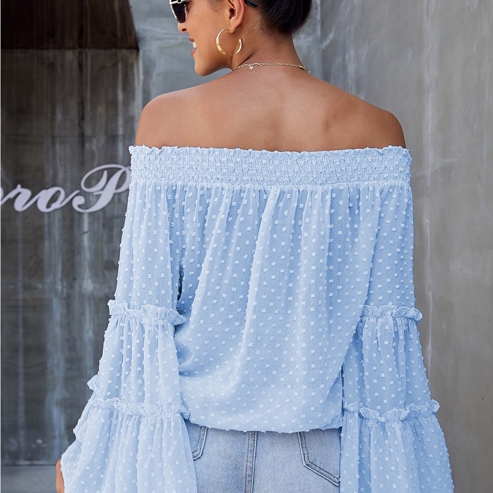 🔥🔥sale🔥🔥Sky blue Swiss Dot off the Shoulder Top - Picture 2 of 4